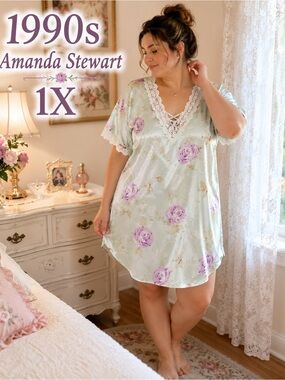 Vintage 90s Amanda Stewart 1X Satin Floral Nightgown Granny Chic Cottagecore
